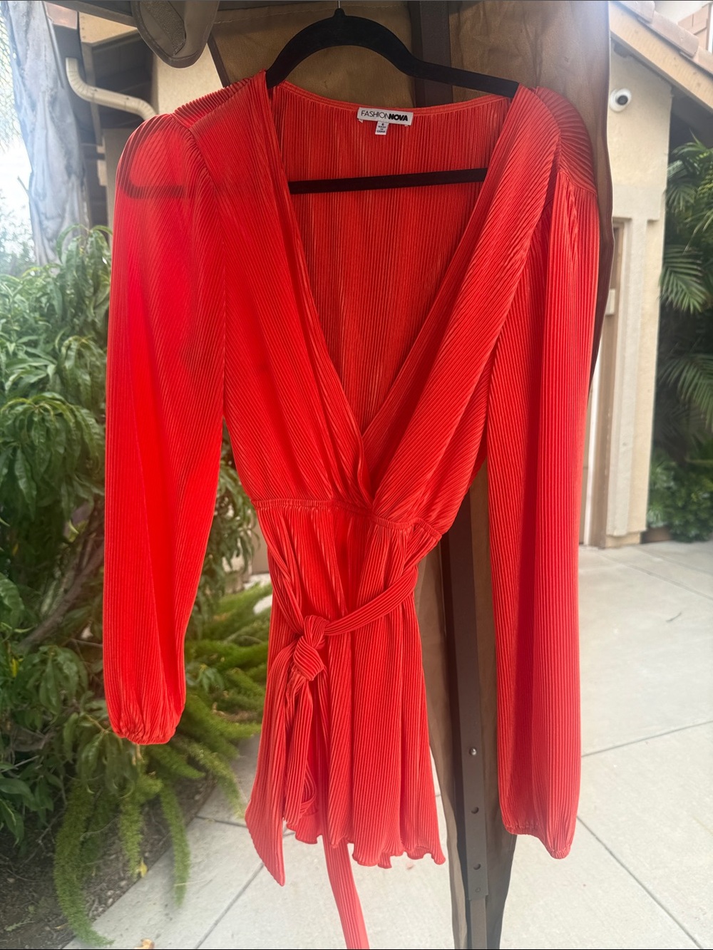 Fashion Nova Red Pleated Wrap Top with Tie Waist